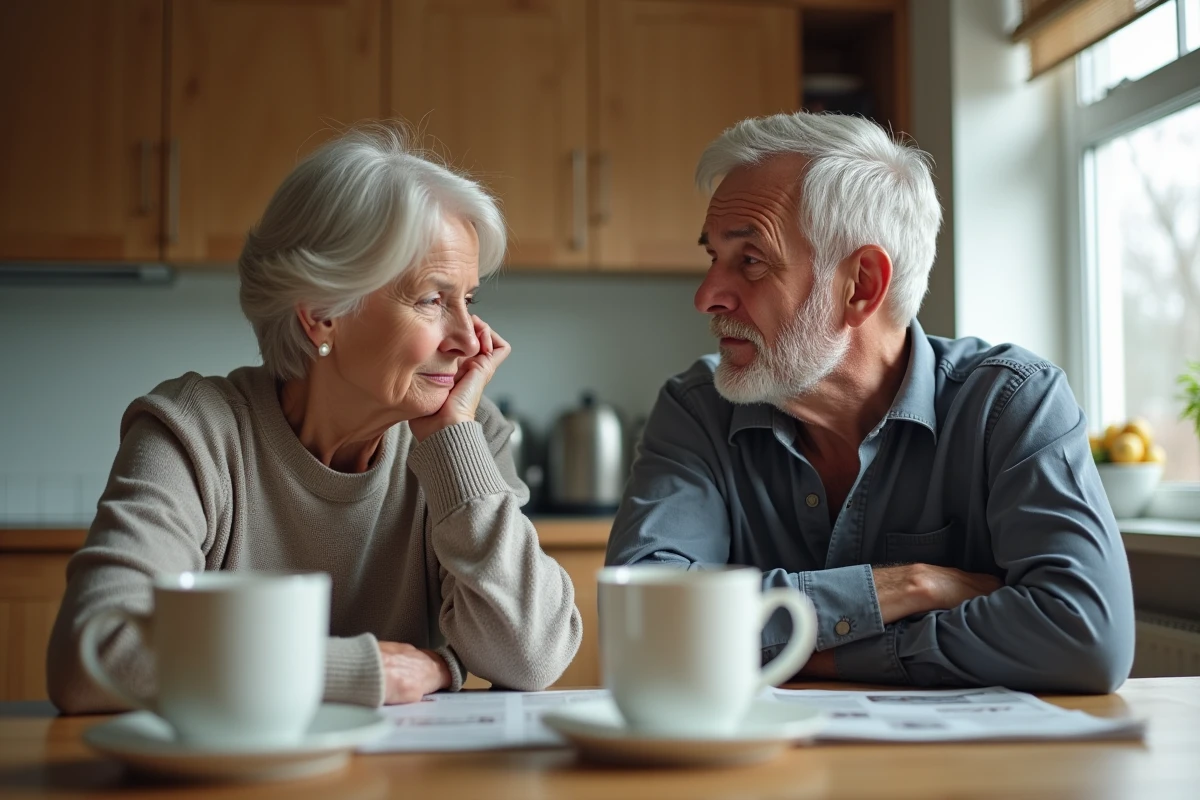 Couple de personnes âgées à la table de cuisine, l'un montrant des signes de fatigue et l'autre exprimant de l'inquiétude