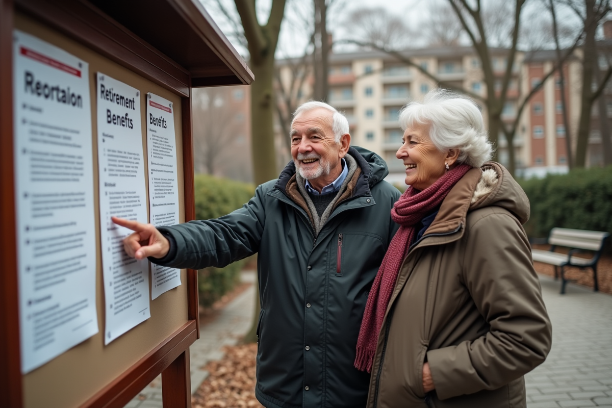 Couple de retraités regardant une affiche dans un parc public