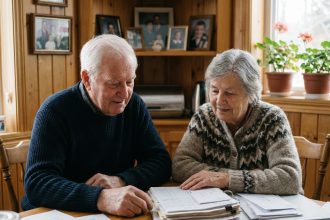 Deux personnes âgées québécoises discutant autour de papiers à la maison