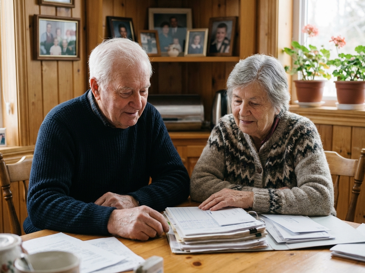 Deux personnes âgées québécoises discutant autour de papiers à la maison