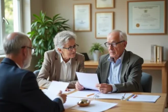 Un couple de retraités examine attentivement un contrat de chambre en EHPAD avec un conseiller dans un bureau administratif moderne