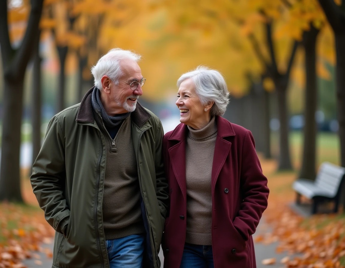 Couple de retraités se promenant dans un parc en automne après leur départ à la retraite