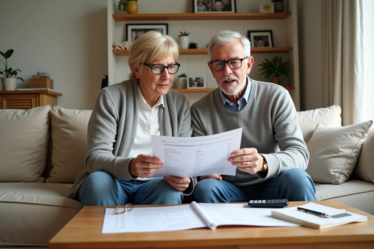 Couple de retraités examinant ensemble leur relevé de points Agirc-Arrco dans leur salon en 2026