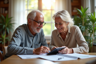 Couple senior souriant utilisant une calculatrice dans un salon lumineux