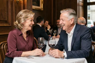 Couple de seniors élégants partageant un dîner romantique dans un restaurant haut de gamme, souriant et profitant d'une conversation animée