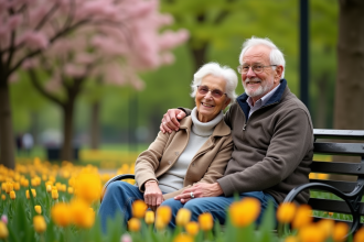 Couple senior assis sur un banc à Paris avec fleurs