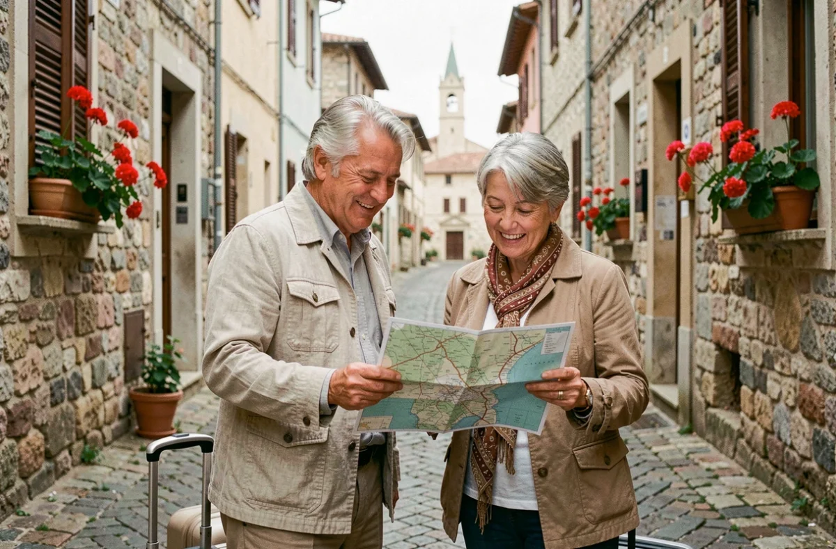 Couple de seniors voyageant ensemble dans un village européen, consultant une carte en souriant avec leurs valises, illustrant les projets communs et l'aventure partagée
