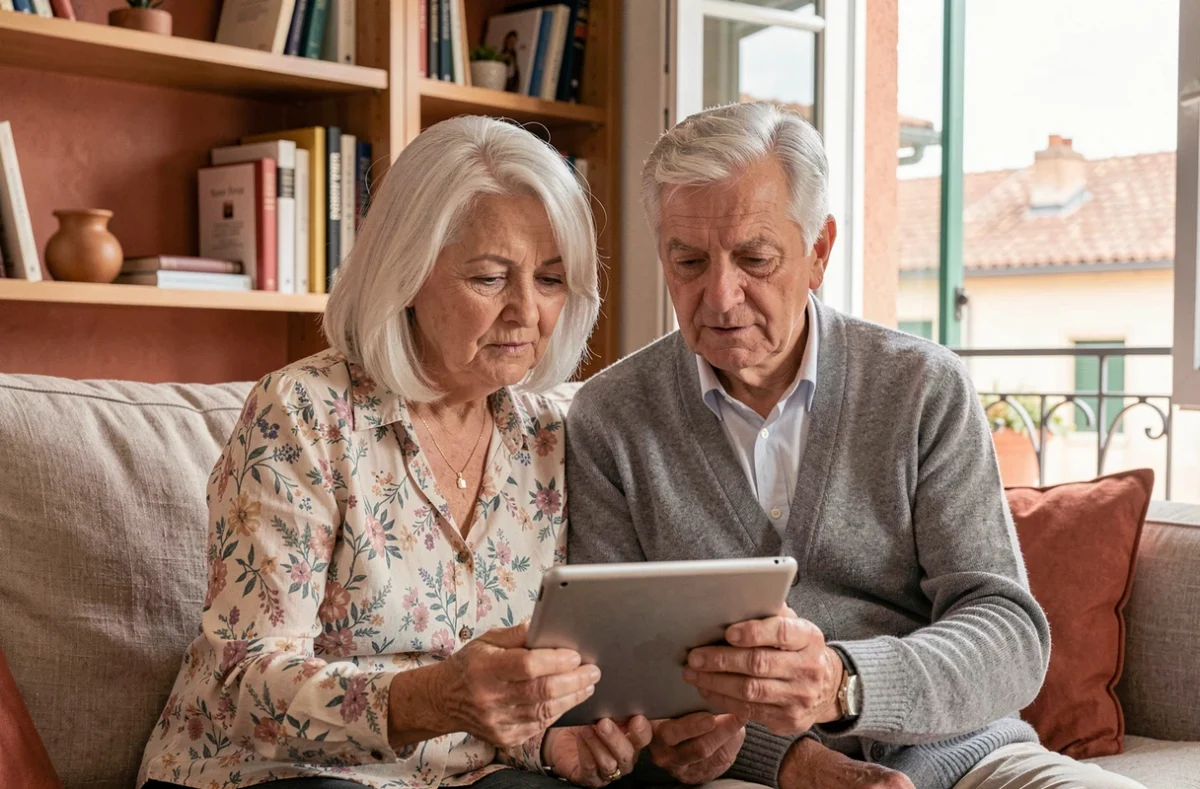Couple de seniors consultant les avis en ligne sur une tablette dans leur appartement d'une résidence seniors à Nîmes