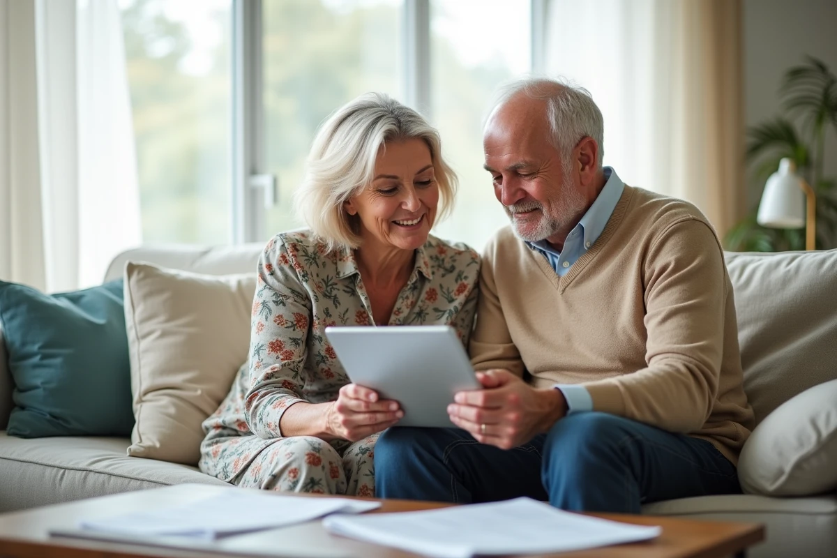 Couple de seniors consultant ensemble le suivi de leur dossier de retraite sur une tablette dans leur salon