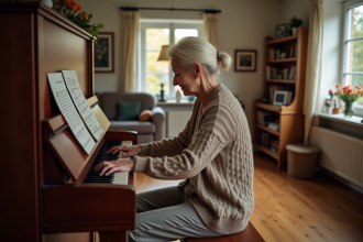 Femme âgée jouant du piano dans un salon chaleureux