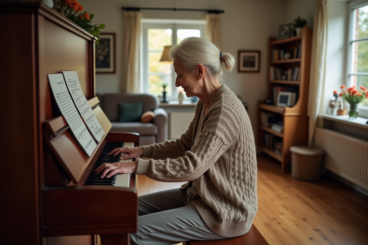 Femme âgée jouant du piano dans un salon chaleureux