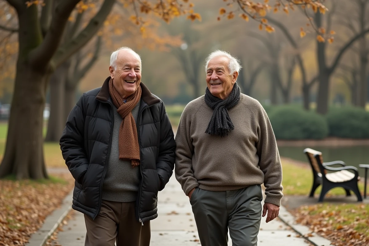 Deux hommes âgés discutant dans un parc urbain