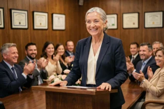 Femme souriante prononçant un discours de départ en retraite devant des collègues applaudissant dans une salle de conférence