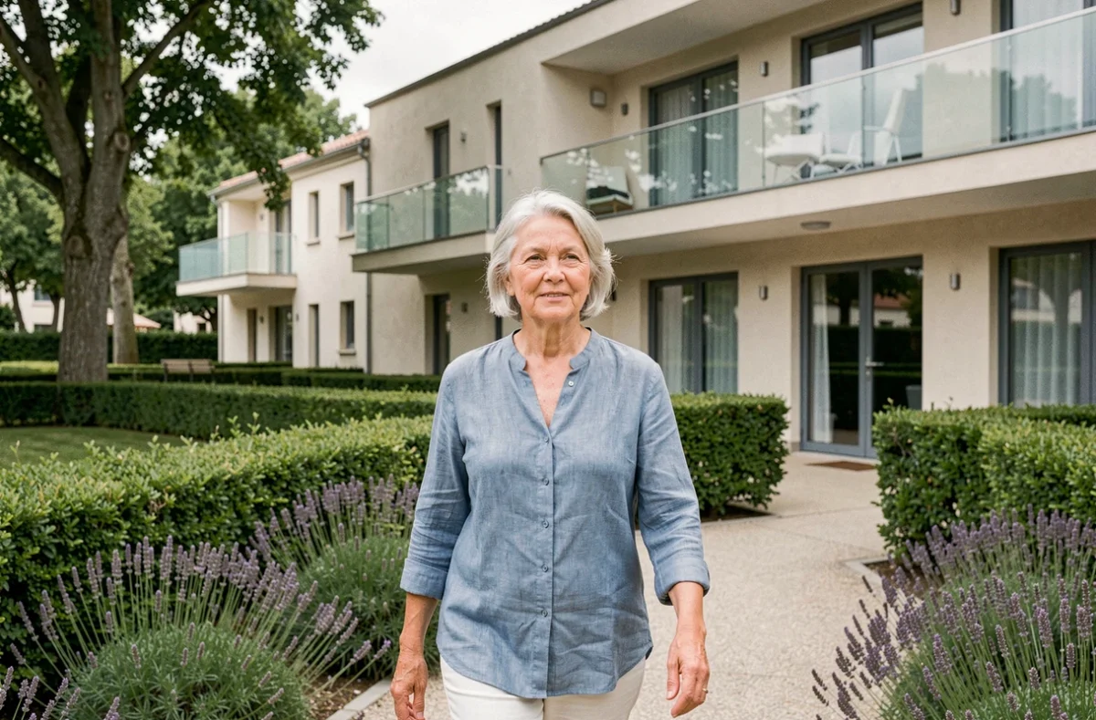 Résidente senior se promenant dans le jardin paysager de la résidence Domitys Les Pagelles à Toulouse