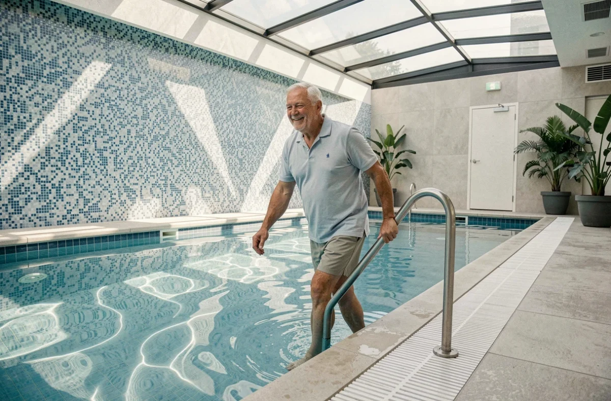 Senior entrant dans la piscine intérieure de la résidence Domitys Toulouse Pèira Rosa