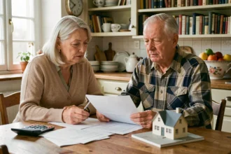 Couple de personnes âgées examinant des documents de succession et un modèle de maison sur une table en bois dans un intérieur français chaleureux