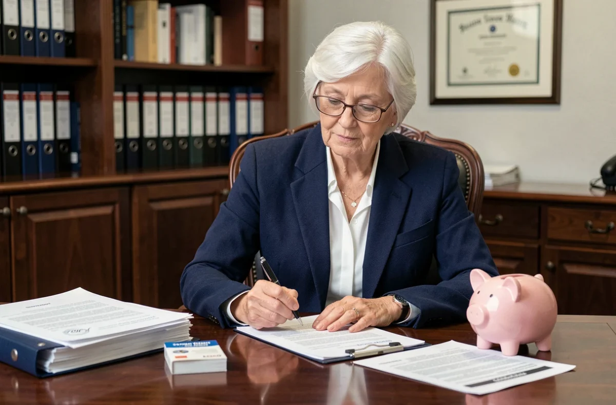 Femme âgée lisant un document juridique dans un bureau de notaire avec livret d'épargne et documents de donation sur le bureau