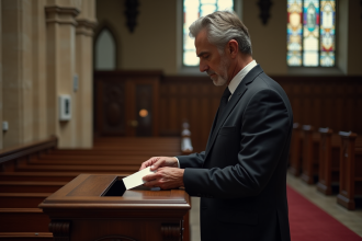 Homme en costume dépose une enveloppe dans une boîte de don dans une église ancienne