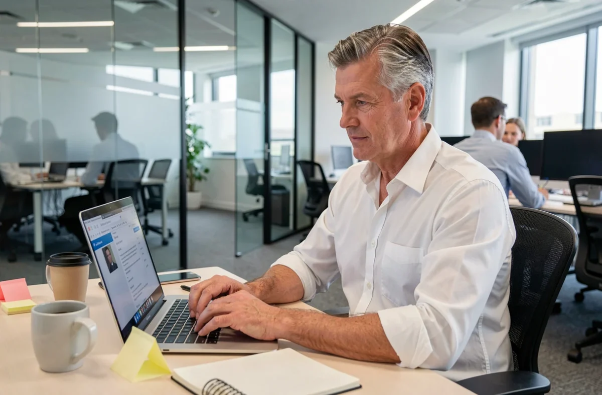Homme en fin de carrière rédigeant un email professionnel de départ à la retraite au bureau