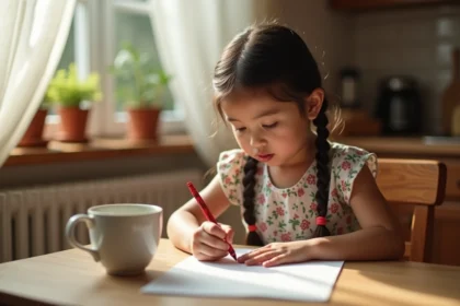 Petite fille concentrée qui écrit un poème pour sa mamie à une table en bois dans une cuisine familiale chaleureuse