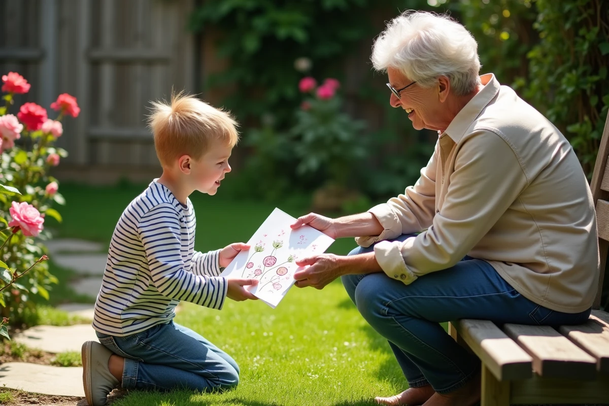 Petit-fils offrant une carte poétique faite main à sa grand-mère assise sur un banc dans un jardin fleuri