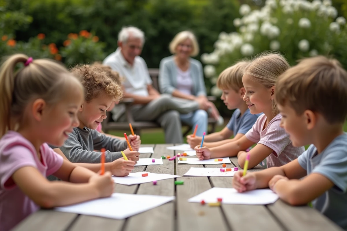 Petits-enfants créant cartes humoristiques en extérieur