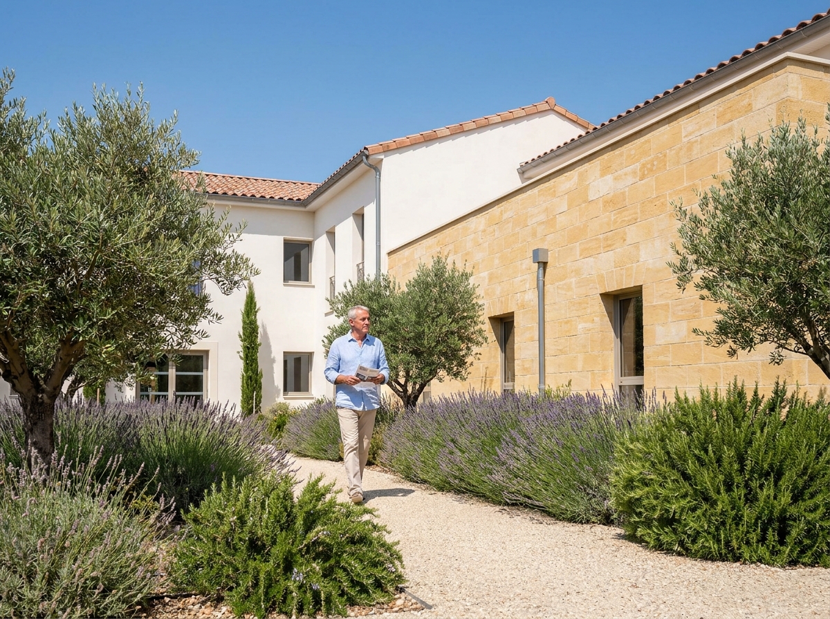 Façade extérieure d'un Ehpad privé à Marseille entourée d'un jardin méditerranéen