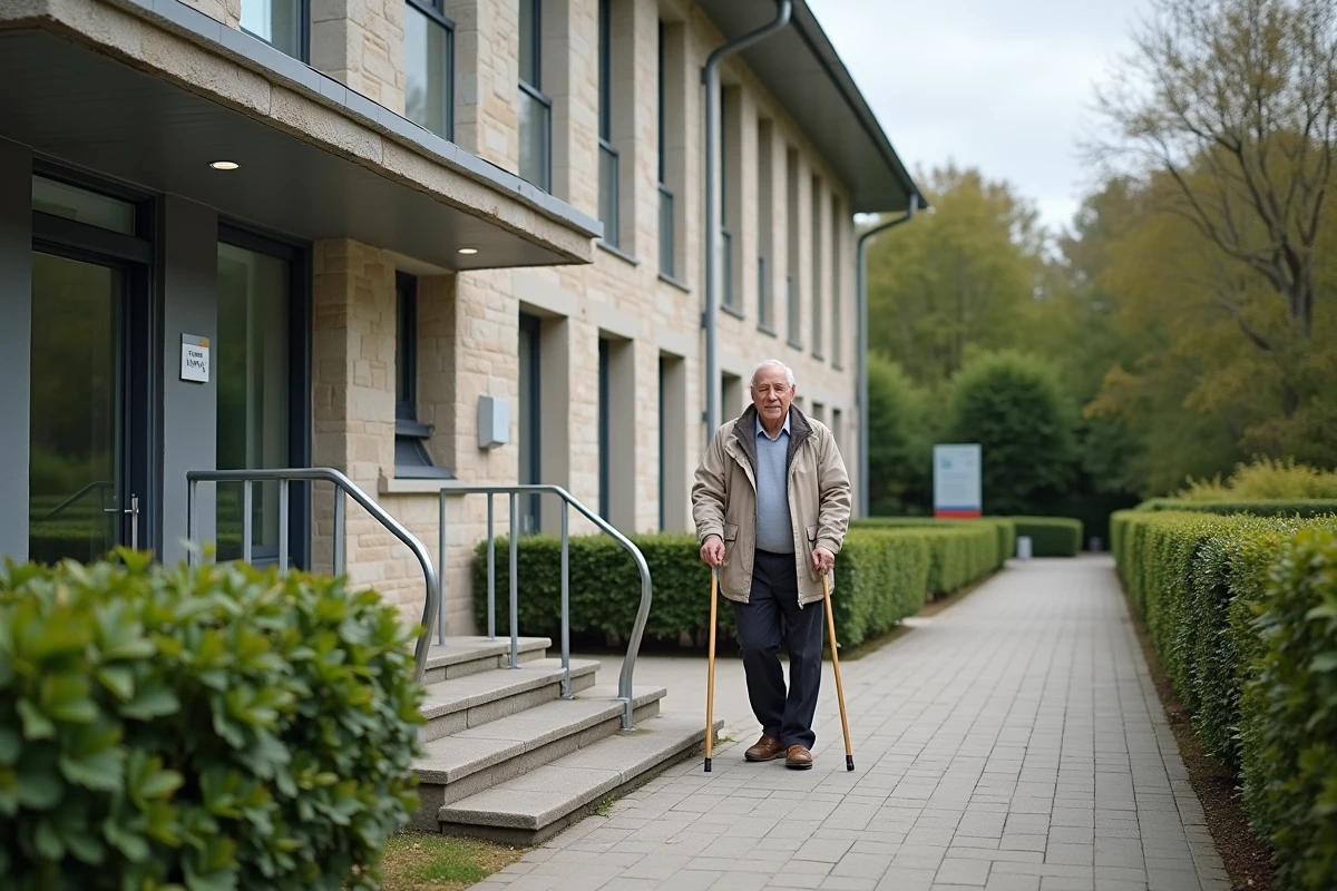 Façade d'une maison de retraite avec un résident qui marche dans l'allée, illustrant le reste à charge pour les familles