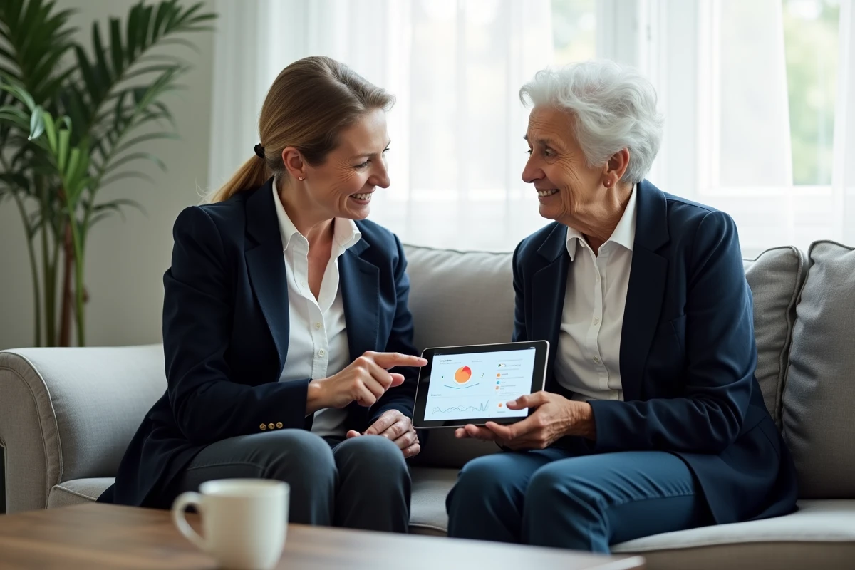 Fille adulte et sa mère âgée comparant les solutions de téléassistance et montre connectée senior sur une tablette