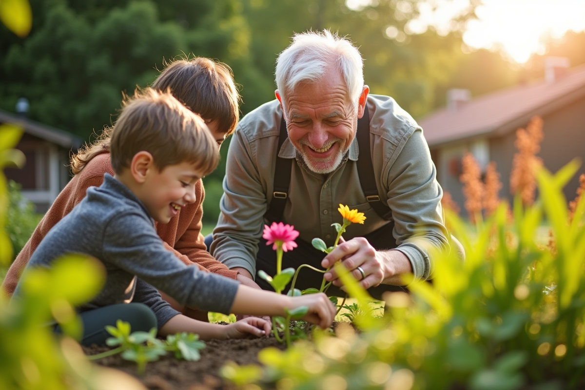 Famille multigeneration jardinant dans le jardin ensoleille
