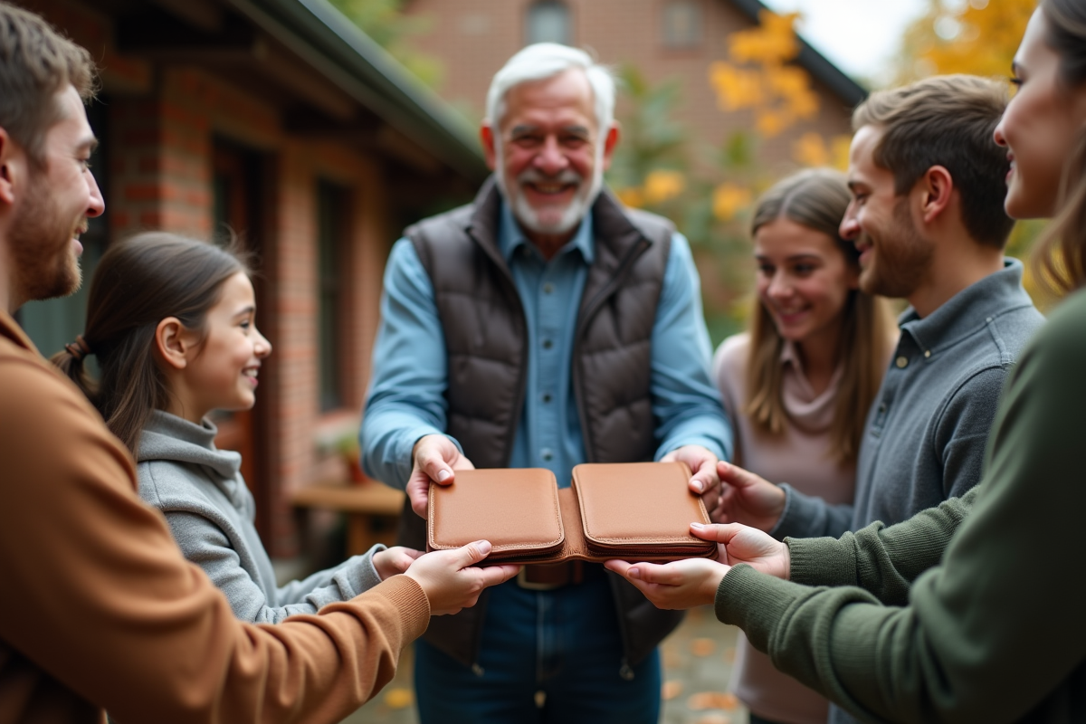 Famille offrant un portefeuille en cuir à un homme dehors en automne