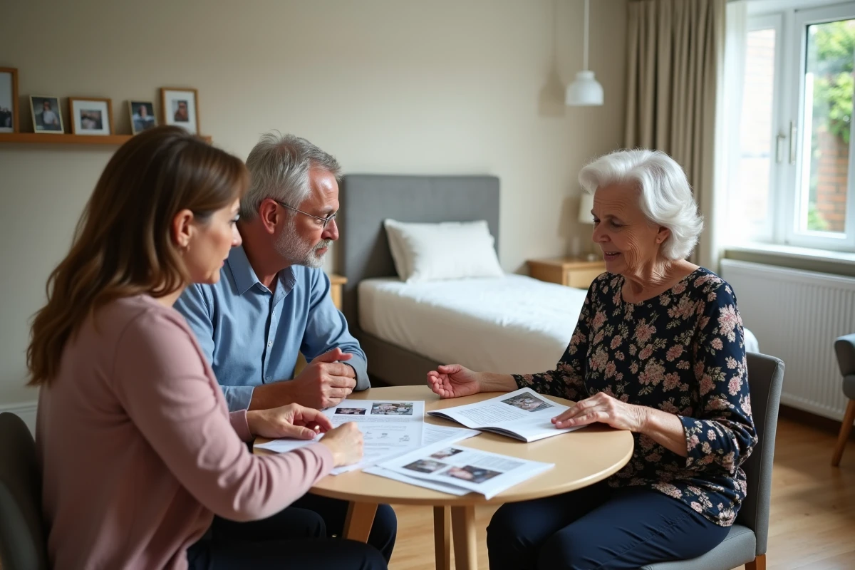 Famille comparant des brochures de résidences seniors dans un studio meublé lors d'une visite à Nîmes