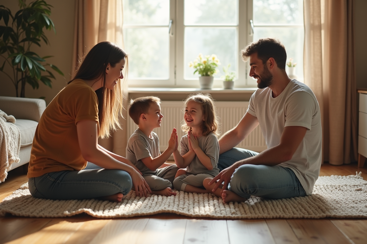 Famille faisant du yoga dans un salon lumineux et cosy