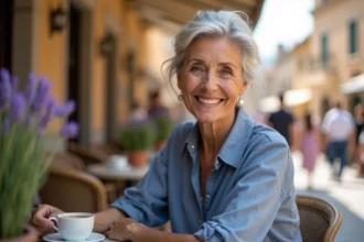 Femme élégante de 65 à 70 ans souriante à la terrasse d'un café en ville, ambiance chaleureuse et conviviale