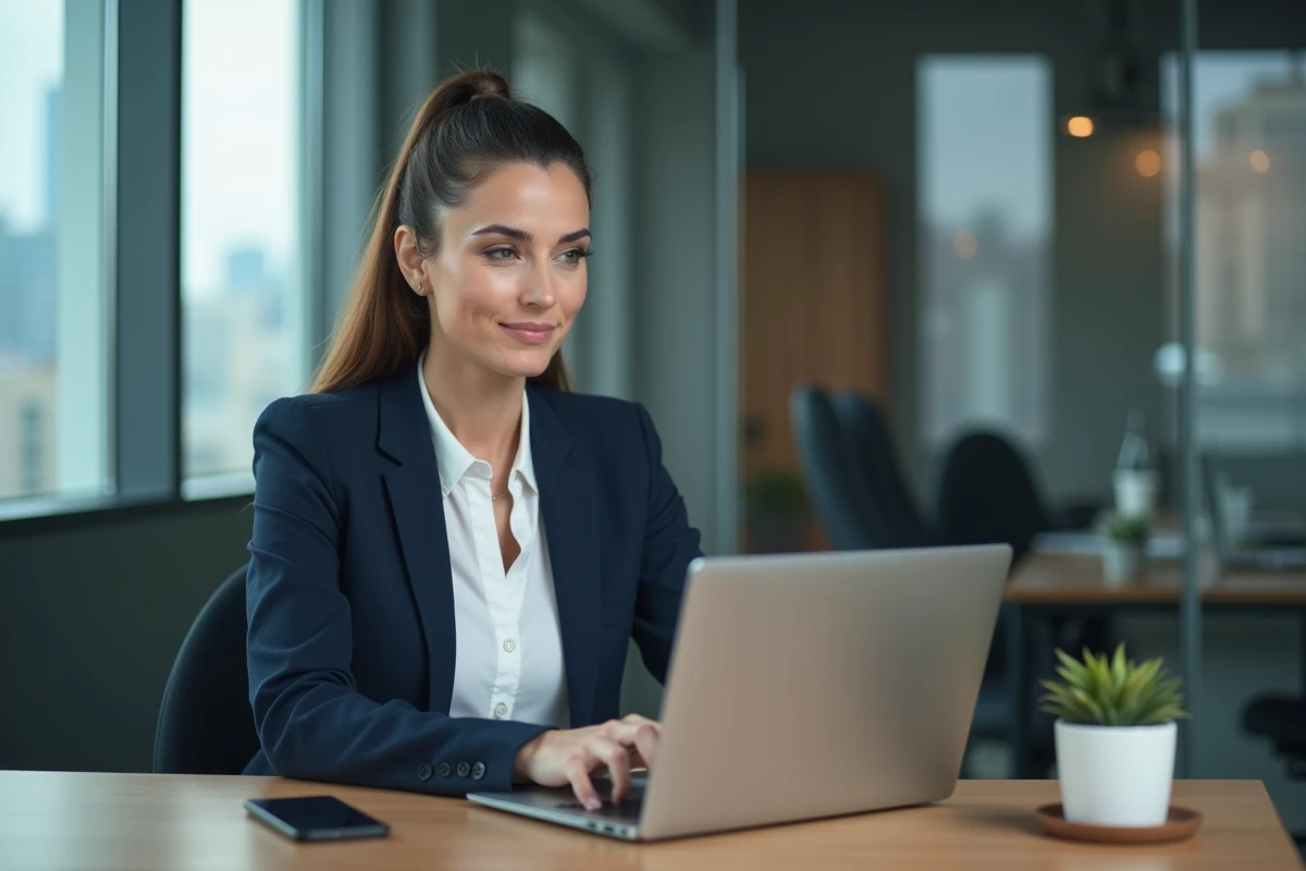 Femme d'affaires au bureau avec ordinateur portable
