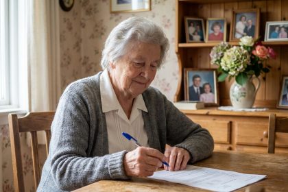Femme agee en blanc remplissant un document chez elle