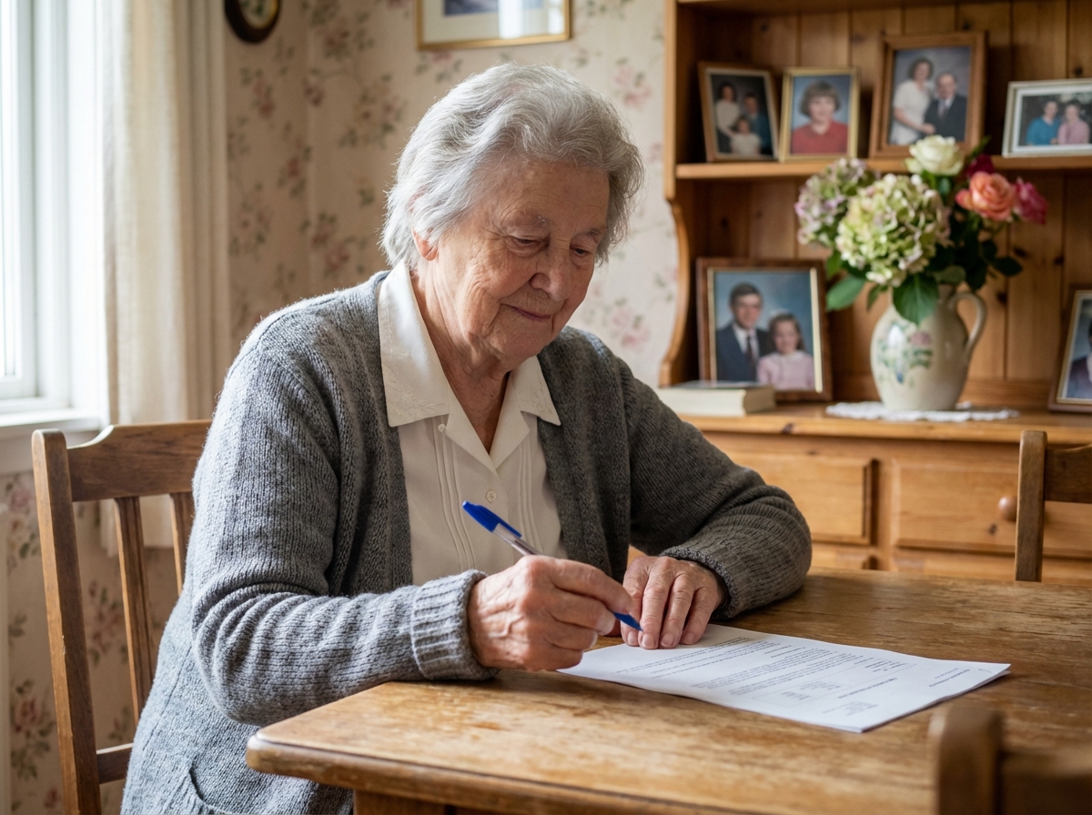 Femme agee en blanc remplissant un document chez elle