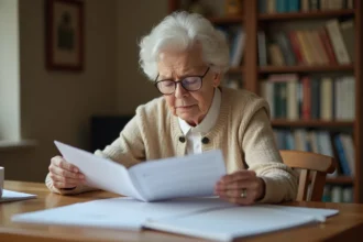 Une femme âgée examine des documents administratifs liés au financement d'une maison de retraite à domicile
