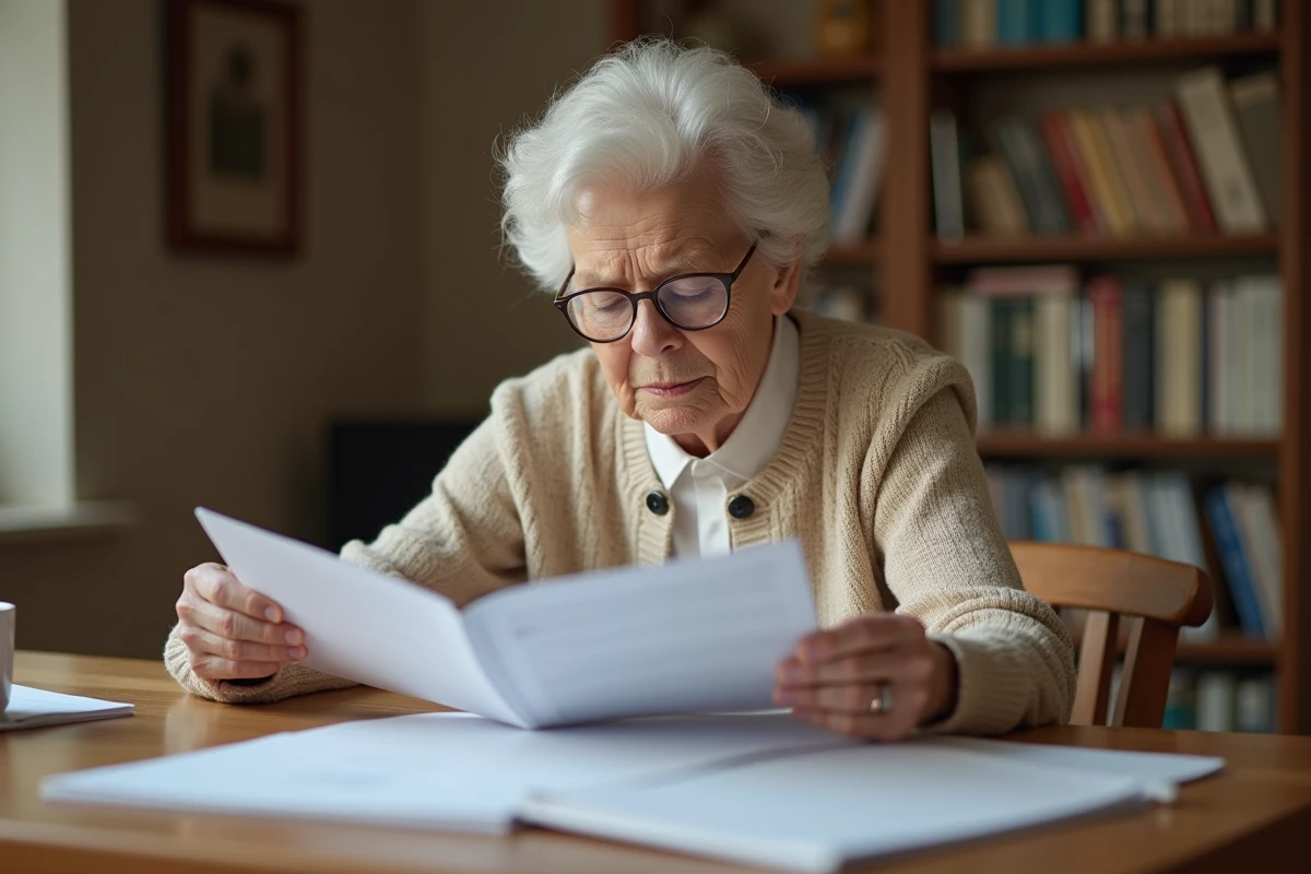 Une femme âgée examine des documents administratifs liés au financement d'une maison de retraite à domicile