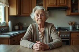 Femme âgée assise dans sa cuisine chaleureuse