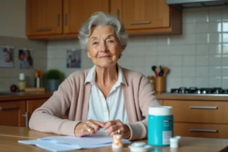 Femme agee avec medicaments et papiers dans la cuisine