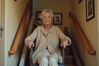 Femme âgée utilisant un monte escalier mobile sur un escalier en bois dans une maison française, conseils ergothérapeute