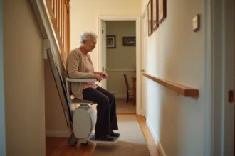 Femme âgée utilisant un monte escaliers portable dans un couloir domestique