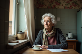 Femme agee seule a la cuisine regardant par la fenetre