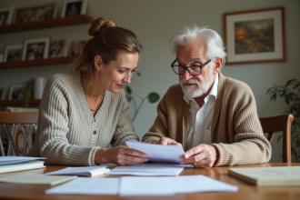 Femme aidant son père à organiser des papiers en famille