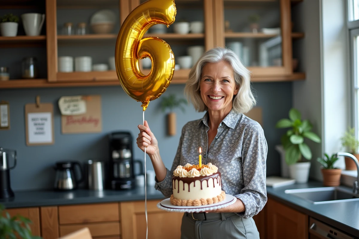 Femme souriante avec ballon 60 près de la kitchenette