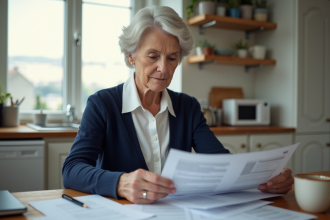 Femme concentrée à la cuisine avec documents et tasse