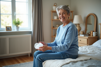 Femme souriante avec pad d'incontinence dans une chambre chaleureuse