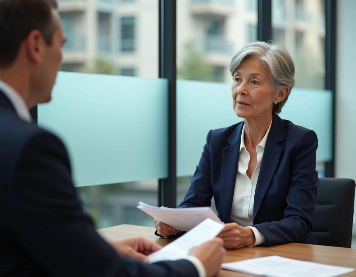 Femme en réunion avec un conseiller en retraite dans une agence moderne pour discuter de ses trimestres