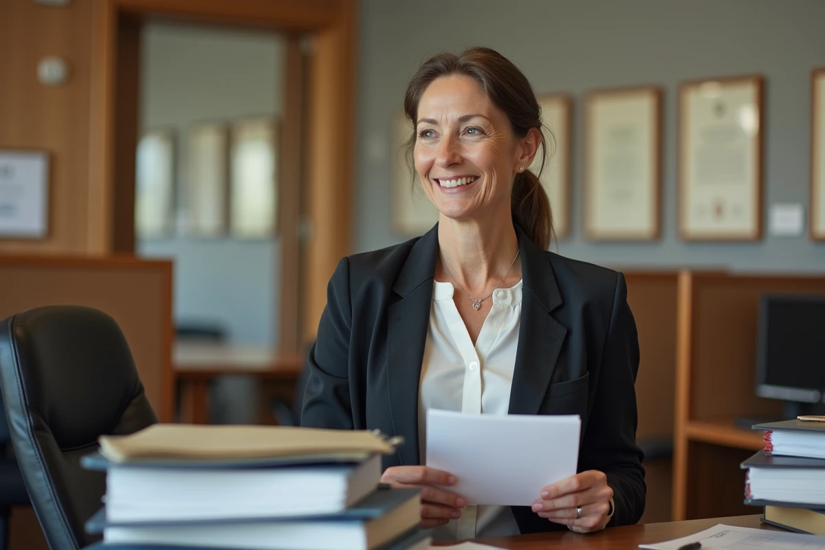 Femme d'âge moyen souriante avec carte d'adieu dans un bureau